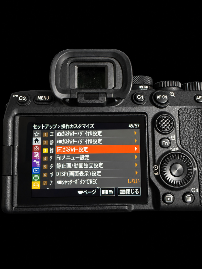 α7 IVの背面モニター。セットアップ>操作カスタマイズの画面で「カスタムキー設定」が選択されている