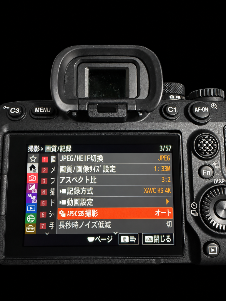 α7 IVのメニュー画面。左端に色分けされたタブが縦に並び、右側に画質/記録の設定項目が表示されている