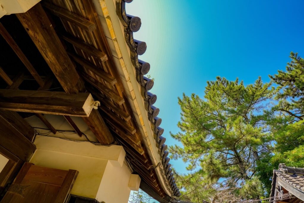 低いアングルから軒先を見上げて撮影した作例。軒丸瓦が連なり、右側に青空の空白を大きくとっている